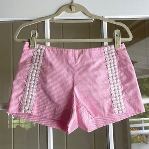 Lilly Pulitzer pink seersucker shorts with lace applications